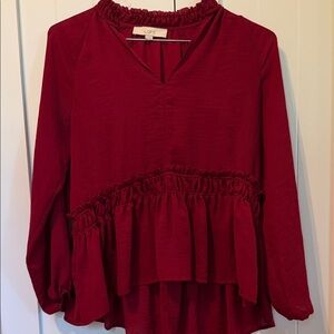 LOFT Deep Burgundy Ruffled Peplum Long-Sleeve Blouse